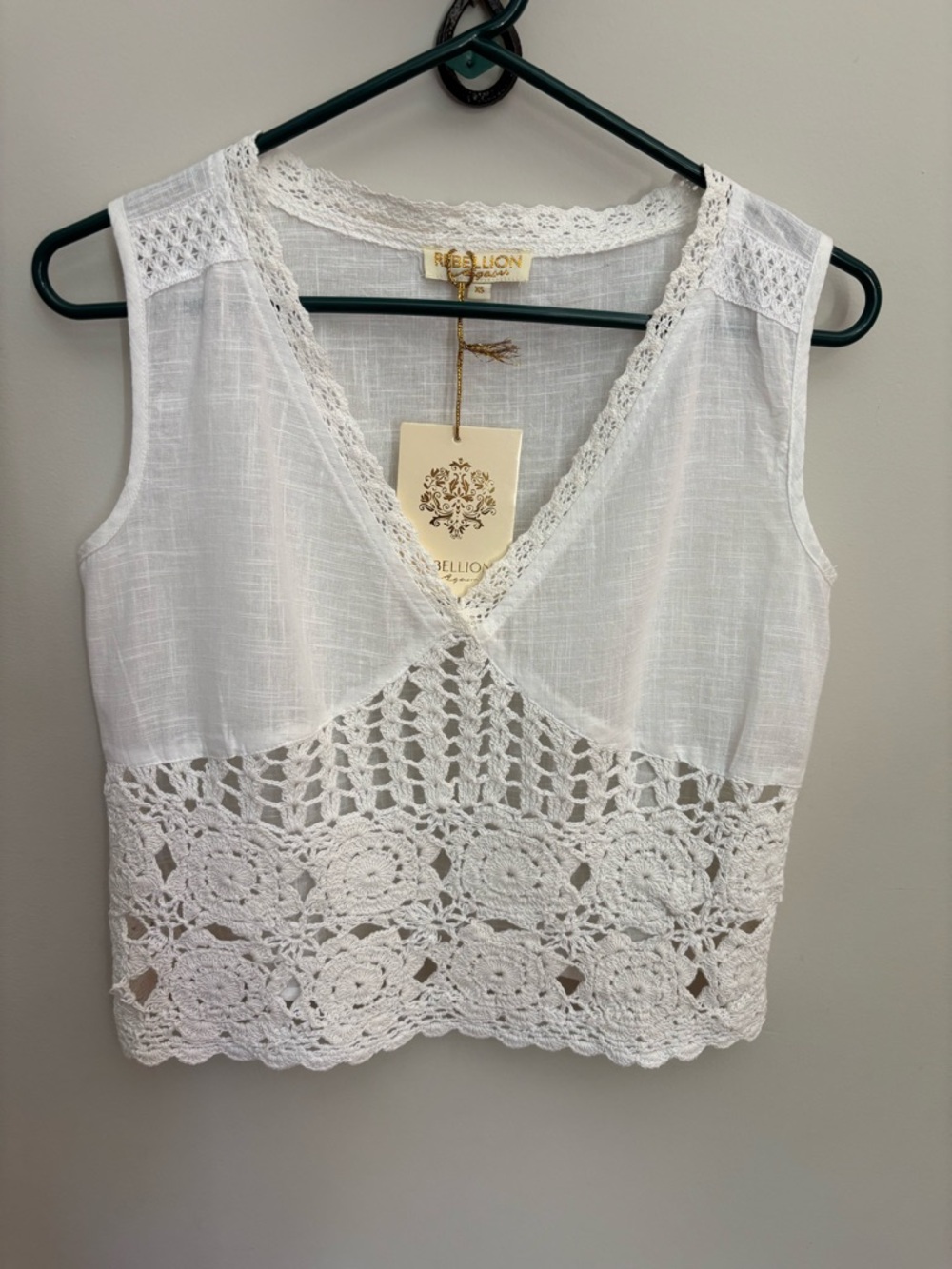 Rebellion Again White Crochet Lace Boho V-Neck Tank Top XS - Picture 2 of 7